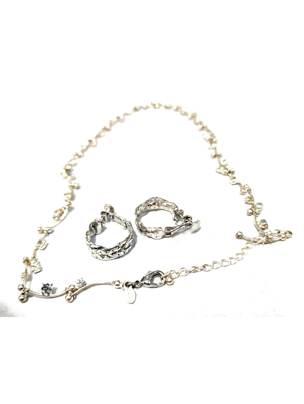 VTG Napier Signed Silver Tone Rhinestone Vine Choke Necklace Hoop Earrings Set